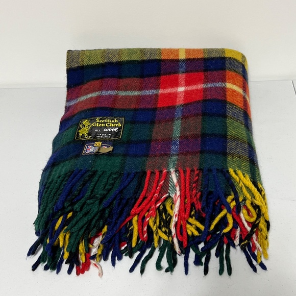 Vtg All Wool England Made Scottish Glen Check Plaid Fringe Throw Blanket 56 X 60 - Picture 4 of 10